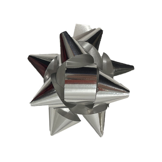 AQ-TIE-7.6x1.8-SILVER - декоративный самоклеющийся бант из полипропилена 7,6 см x 1.8 см, серебристого цвета